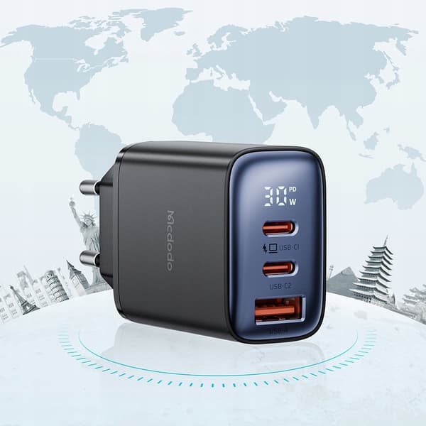 MCDODO HURTIG VÆGOPLADDER TIL IPHONE 2XUSB-C 1XUSB PD 30W LED-MÅLER