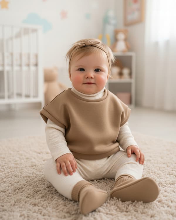 Baby poncho väst med huva bomull beige strl 56