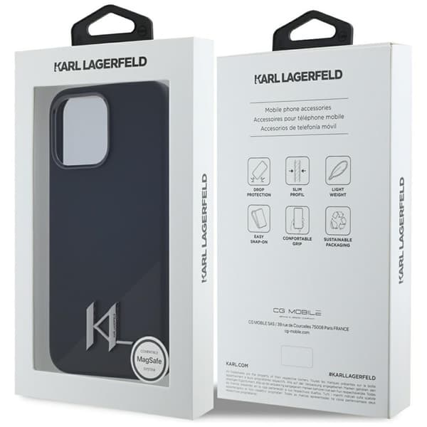 Karl Lagerfeld Silicone Shadow Metal Initial MagSafe -kotelo iPhone 15 Pro Maxille (musta)