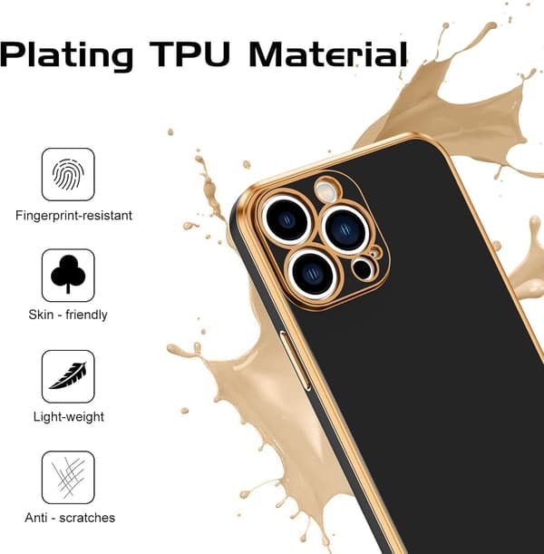Apple iPhone 13 Pro Max -kotelo, silikoni, musta ja kultainen pidike