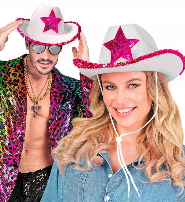 Hvid cowboyhat med lyserøde stjerne-pailletter til polterabend