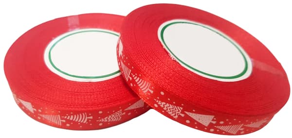 Satinband med röd julgran 12 mm x 26 m