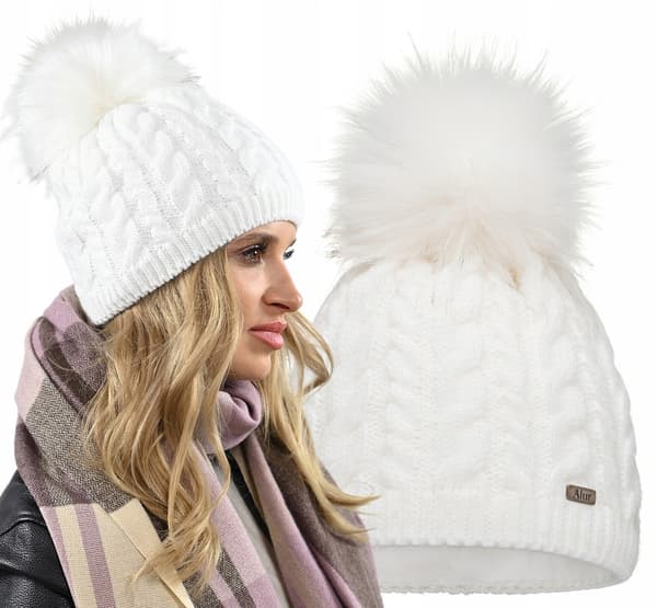 Hvid varm dame vinterhue med pompon, fleeceforet hue UNI