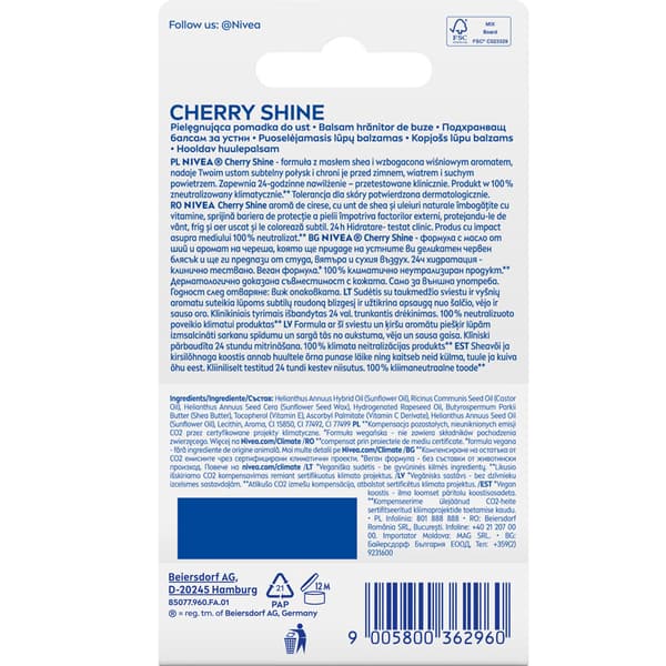 NIVEA Cherry Shine hoitava huulipuna 4,8 g