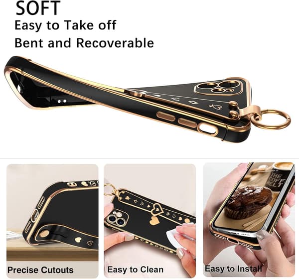 APPLE IPHONE 11 SILIKONE ETUI SORT GULD HJERTE + HOLDER A2111