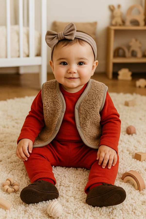 Varm babyväst 74 ärmlös beige lammjacka