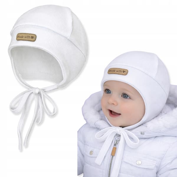 Baby pilothat str. 44-46, bundet, dækker ørerne, FORÅR EFTERÅR, HVID