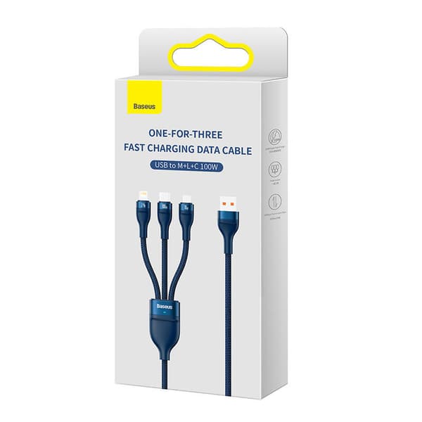 Baseus Flash Series 3in1 USB-kaapeli, USB-C + micro USB + Lightning, 100W, 1.2m (sininen)