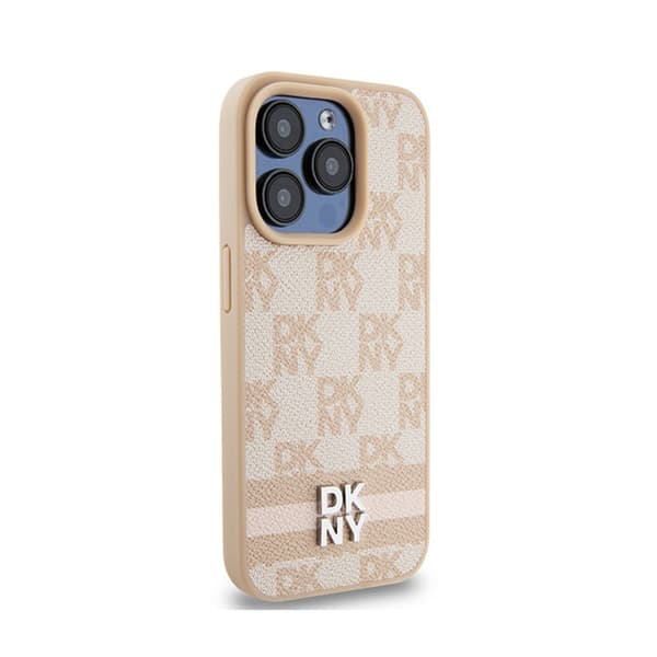 DKNY Læder Ternet Mono Mønster & Trykte Striber - iPhone 15 Pro Max Etui (Pink)