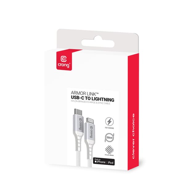 Crong Armor Link - USB-C blixtsnabb laddningskabel MFi 150 cm (vit)
