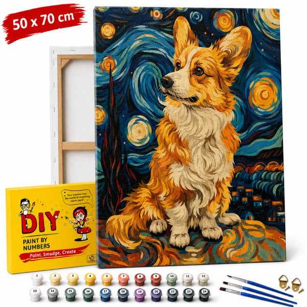 Måla efter nummer-bild med ram Corgi under stjärnorna 50x70 cm