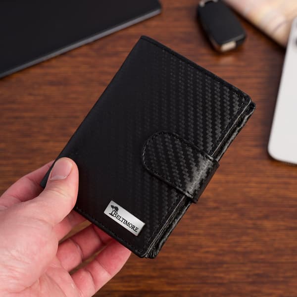 Herr klassisk läderplånbok RFiD stor svart kolfiber premium Beltimore