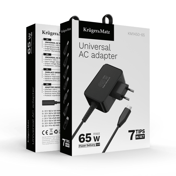 Kruger&Matz 65W yleisvirtalähde Power Delivery -toiminnolla, 7 napaa