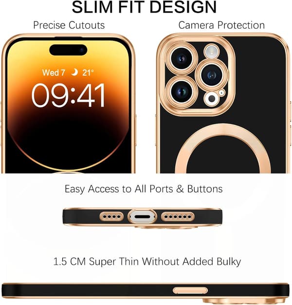 ETUI TIL APPLE IPHONE 14 PRO MAX SILIKONE SORT GULD MAGSAFE A2894 A2651