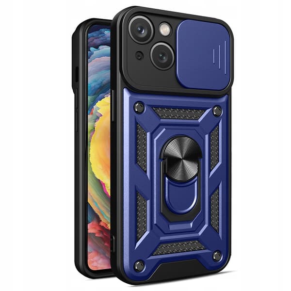 Hybrid Armor Camshield Armor-skal med stativ och kameraskydd för iPhone 15 Plus – Blå
