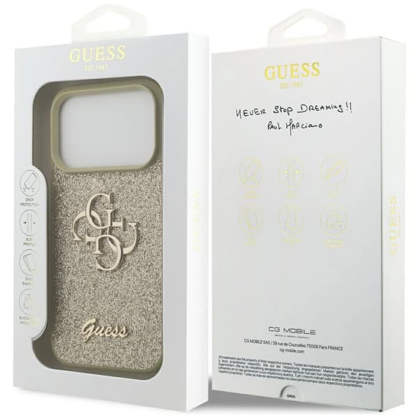 Guess Fixed Glitter Big 4G -suojakuori iPhone 17 Prolle - kulta