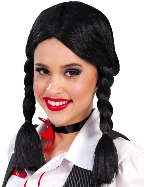 Onsdag svart hår Halloween flätad peruk