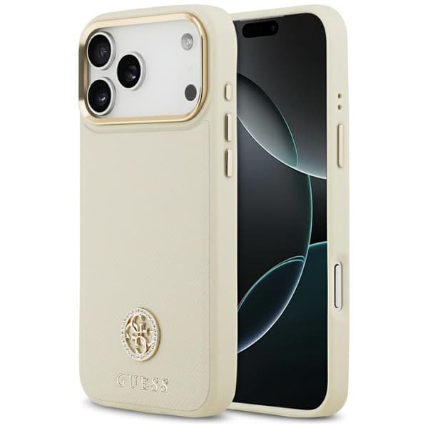 Guess MagSafe-etui med kornet strass-logo til iPhone 17 Pro Max, beige