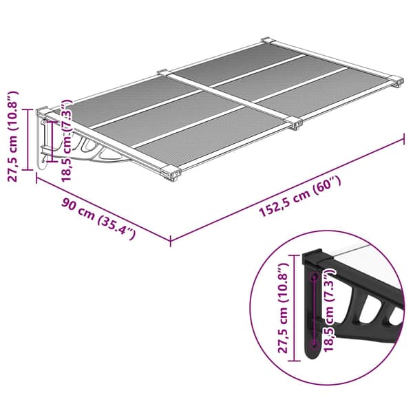 vidaXL dørmarkise sort og transparent 152,5x90 cm polycarbonat
