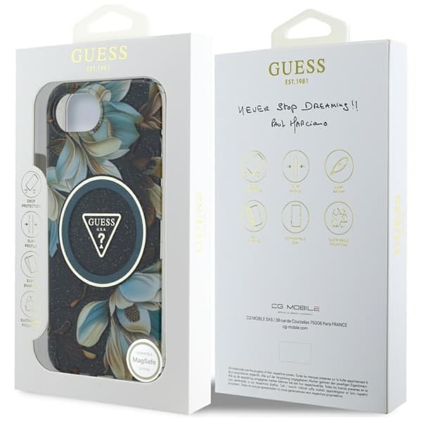 Guess IML Metal Glitter Flowers Triangle MagSafe - iPhone 16e cover (sort)