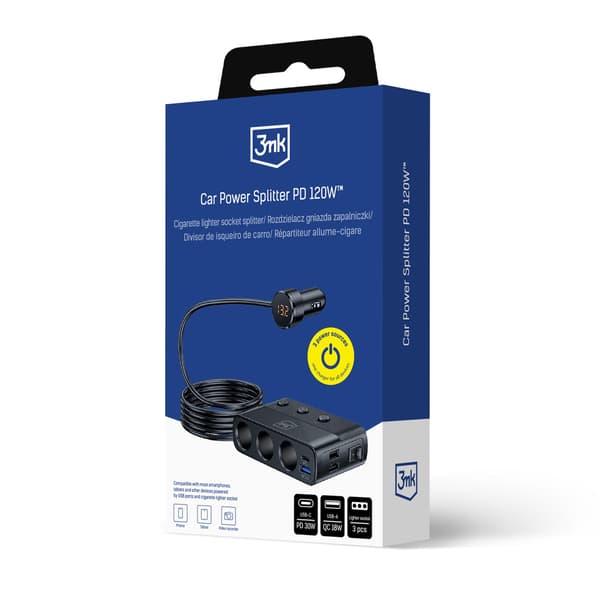 3mk Bilströmsplitter 120W PD QC PPS USB 3A1C3 Uttag Svart