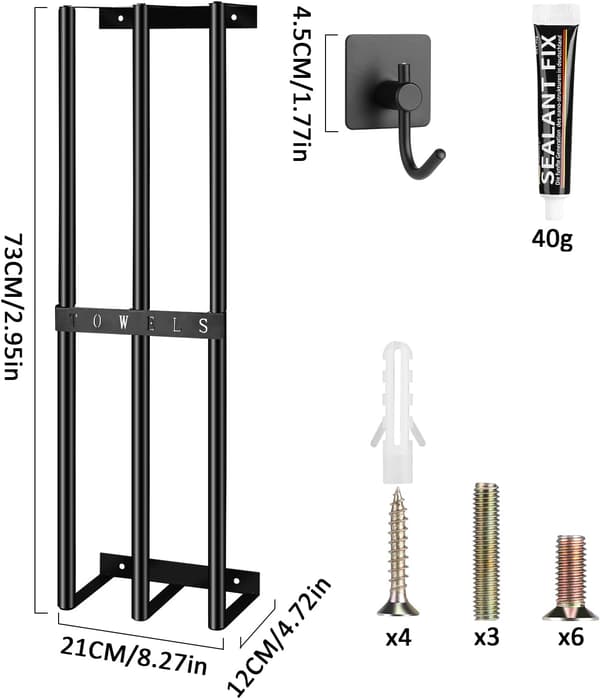 VÆGMONTERET HÅNDKLÆDEHOLDER TIL GÆSTE, SORT MAT METALHOLDER + KROG