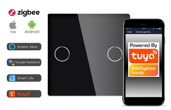 Touch-brytare SVART 2-krets ZigBee TUYA RTX SH