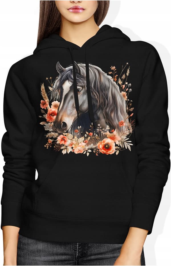 Damesweatshirt med hest og dyr, hesteprint, bomuld, sort, størrelse S