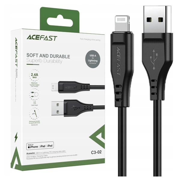 Acefast MFI USB - Lightning-kaapeli 1,2 m, 2,4 A musta (C3-02 musta)