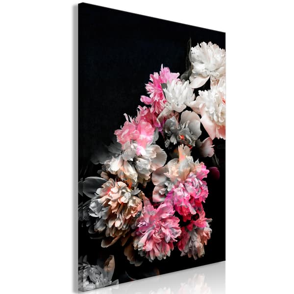 Maleri - Peony Charm (1-delt) - farverig blomsterbuket på sort baggrund