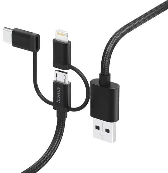 HAMA Adapter 3i1 USB-A - microUSB/USB-C/Lightning-kabel 1,5m Svart