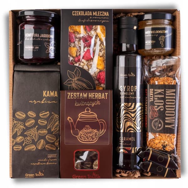 Gavekurv sæt te kaffe honning sirup chokolade marmelade premium