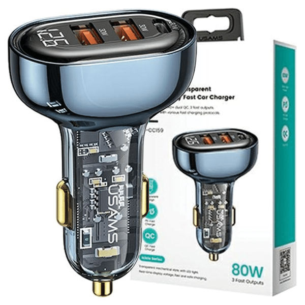 USAMS Biloplader 2xUSB+1xUSB-C 80W Fast Charge blå CC159CC02 (US-CC159)