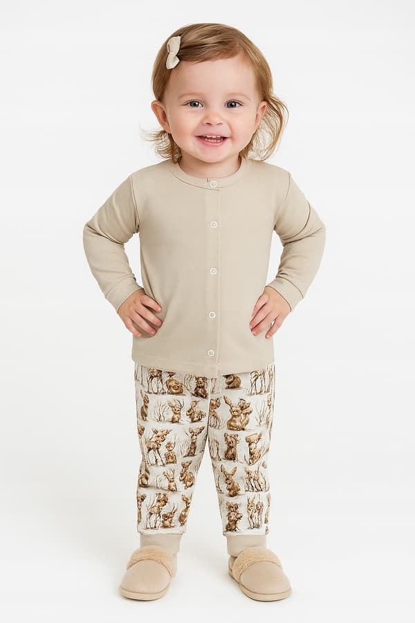 Barnpyjamas i bomull 104 med knapp för sjukhuset, BEIGE DEER