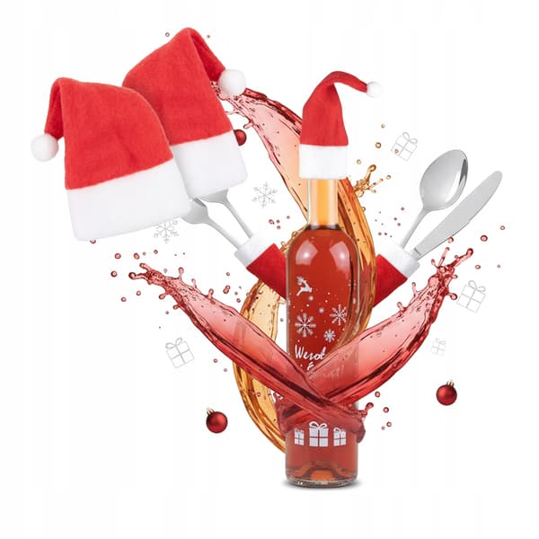 5x tomtehattar för en flaska likör och bestick som julklapp