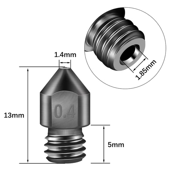 8x dyse til 3D-printer 0,4 mm MK8 M6 stål Makerbot Creality Ender + rengøringsmidler