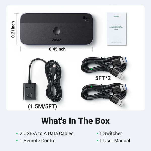 Ugreen CM662 USB 3.0-switch 2-i-4 + 2x USB-A-kabel - svart