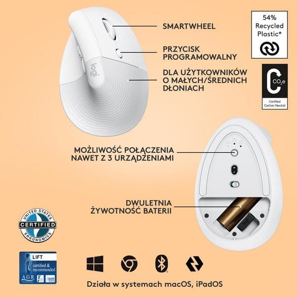 Logitech Lift trådlös vertikal mus – vit (910-006475)