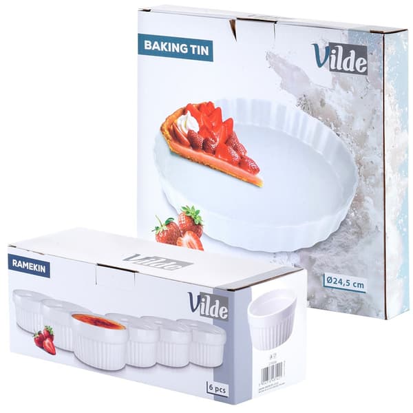 Pajform + bakskålar, keramik, vit, 7 st.