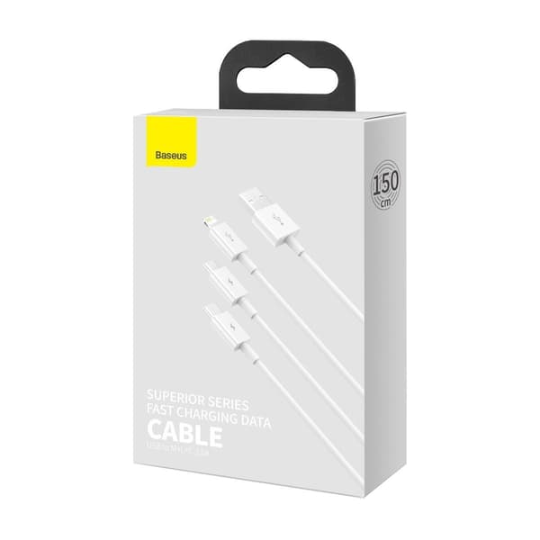 Baseus Superior Series 3-i-1 USB-kabel, USB til micro-USB / USB-C / Lightning, 3,5A, 1,5 m (hvid)