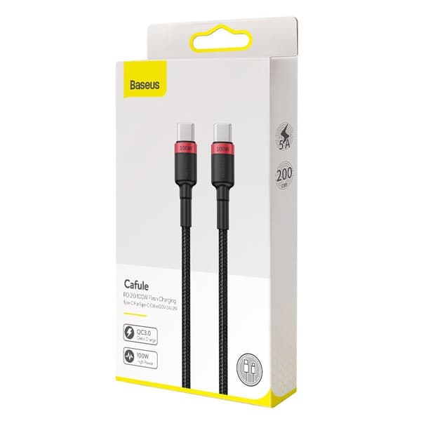 Baseus Cafule USB-C til USB-C kabel, QC 3.0, PD 2.0, 100W, 5A, 2m (Rød-Sort)