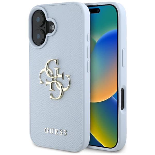 Guess Grained Big 4G Logo Small Classic Logo cover til iPhone 16 blå