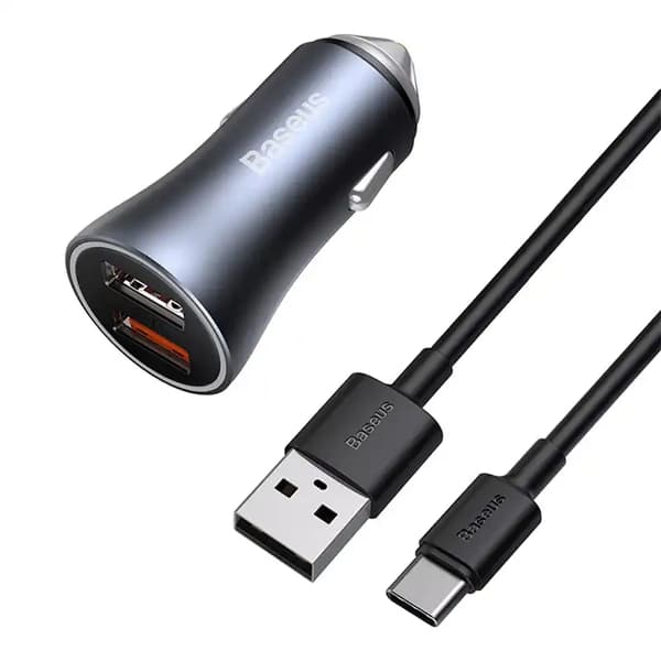 Baseus Golden Contactor Pro biloplader, 2x USB, 40W (grå) + USB til USB-C kabel 1m (sort)