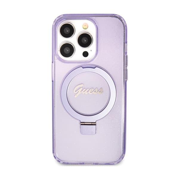 Guess Ring Stand Script Glitter MagSafe - iPhone 15 Pro-skal (Lila)