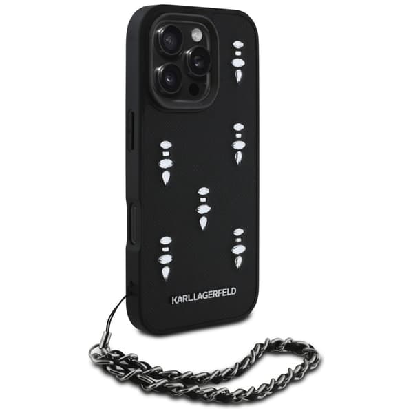 Karl Lagerfeld Saffiano Krystal Etui med Kæde til iPhone 16 Pro Sort