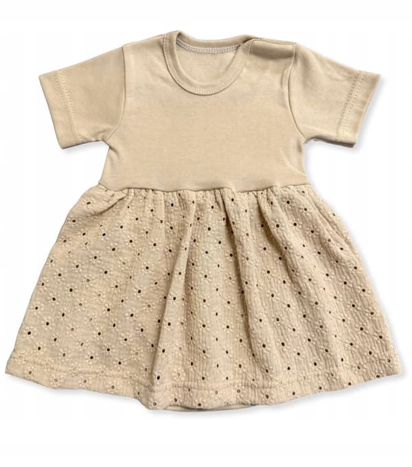 Bododress bodysuit kjole størrelse 68 korte ærmer broderet beige