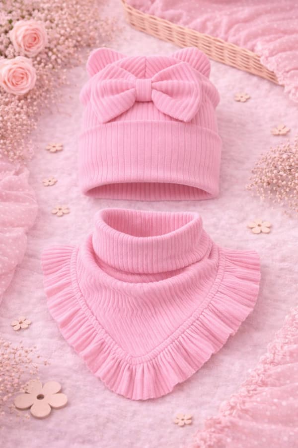 Flickset Randig 52-56 MÖSSA med rosett + ROSA HALSDUK