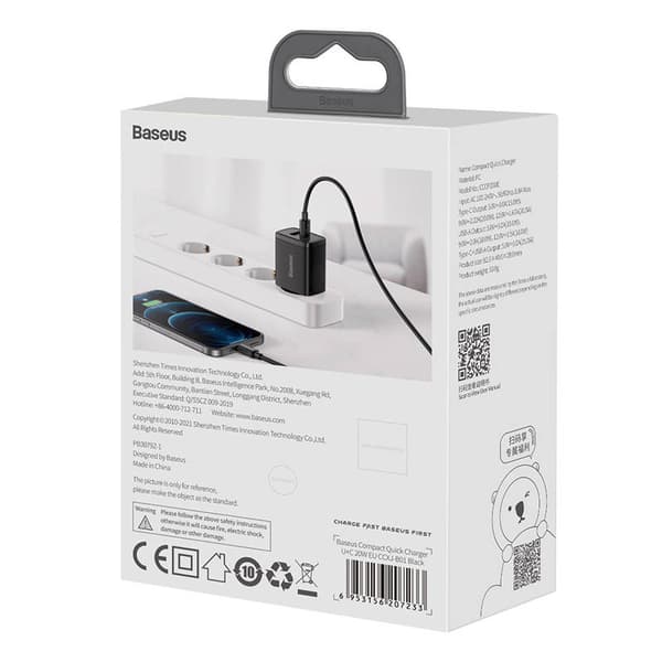 Baseus Compact -pikalaturi, USB, USB-C, 20W (musta)