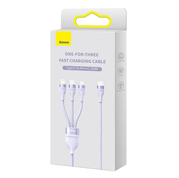Baseus Flash Series 2 3-i-1 USB-kabel, USB-C + Micro USB + Lightning, 100W, 1,5 m (Lila)