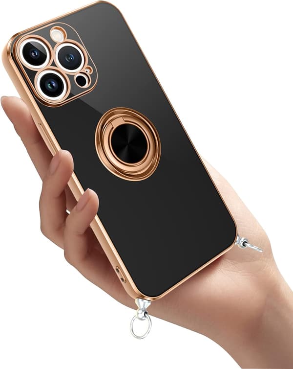 ETUI TIL APPLE IPHONE 13 PRO SILIKONE SORT GULD RAMME + RING OG LANYARD